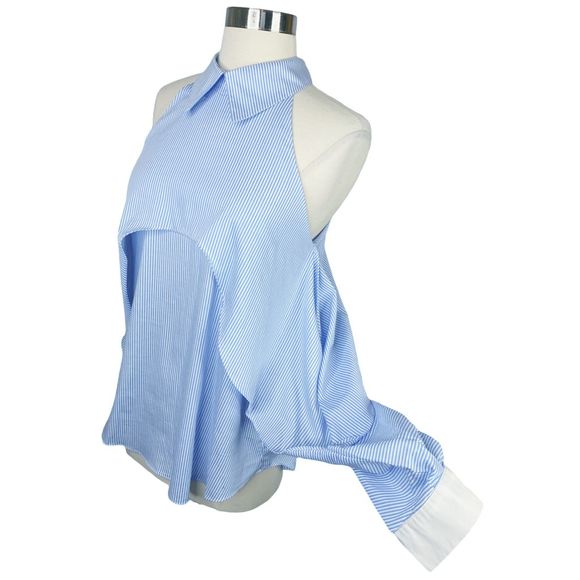 Central Park West x REVOLVE Blue Pinstripe Fold Over Cold-Shoulder Blouse Small - Picture 5 of 8